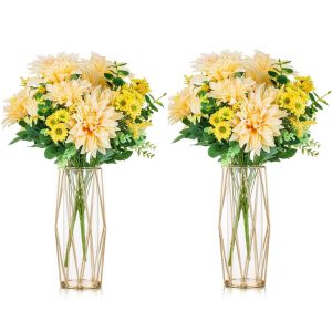 Geometric Clear Metal Flowers Vase Set of 2 Decorative Glass Vase with Metal Wire